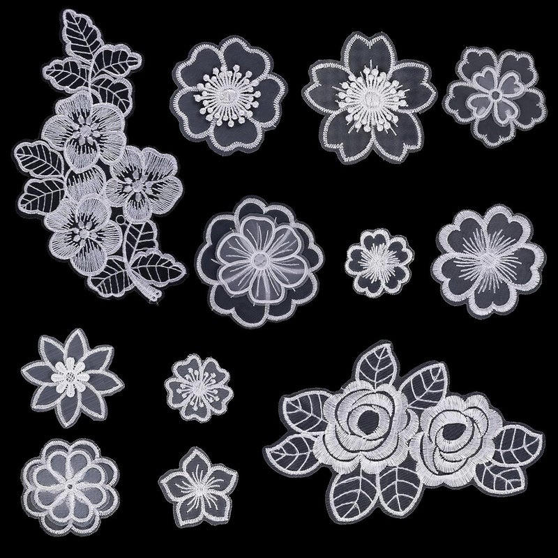 Jeffdad 12 Pcs Flower Lace Embroidered Applique 3D Floral Sew On Patches, for Dress Jeans Sweater Hats Bags Clothes Repairing Decorating Wedding Dress DIY Sewing Craft(White) - Image 1